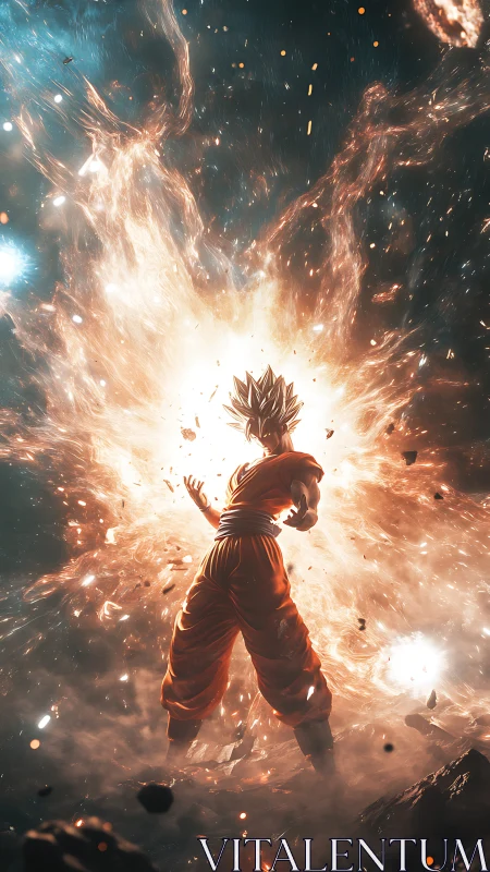 Saiyan warrior erupts with cosmic power in fiery ascension