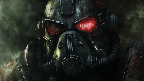Heavily weathered power armor helmet with red-illuminated optics