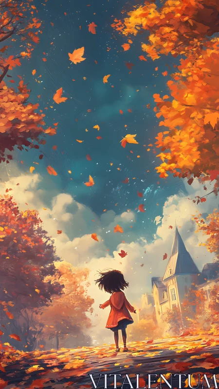 Child walks on autumn street under swirling falling leaves