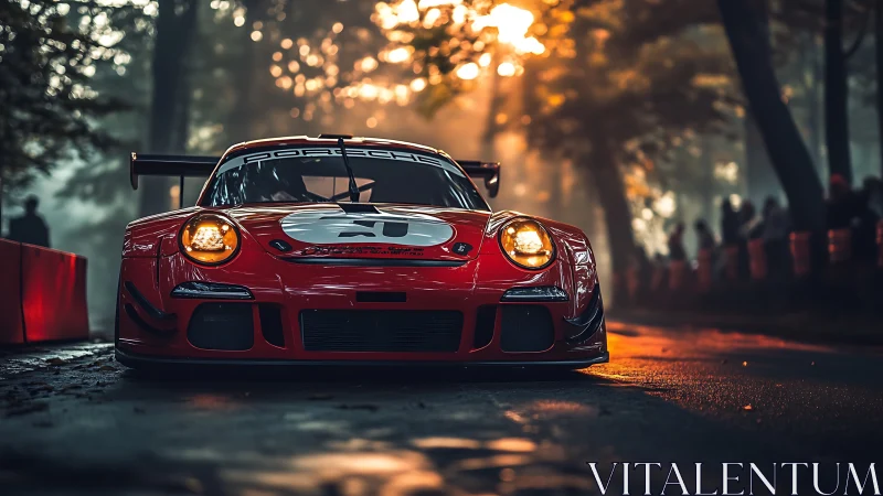 Red Porsche race car on forest track at golden hour.