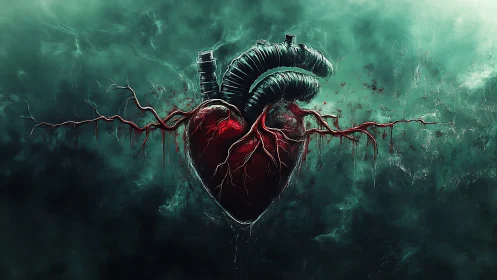 Biomechanical heart suspended in stormy teal void.