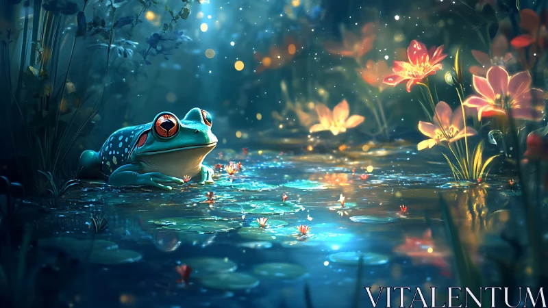 Frog in luminous pond surrounded by glowing flowers.