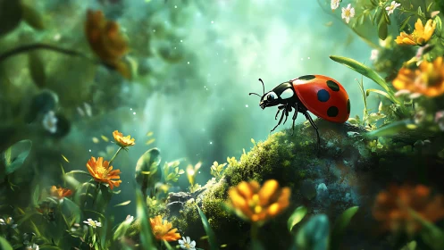 Ladybug on mossy branch amid soft green bokeh garden.