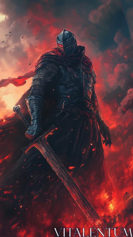 Firelit knight stalks through molten dusk with a weary blade