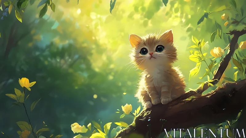 Adorable Kitten Perched on a Sunlit Branch Among Golden Blooms