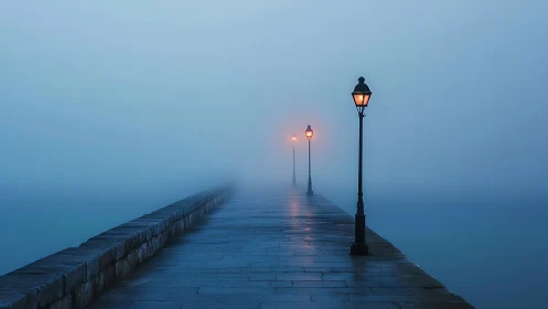 Fog-obscured pier corridor with receding sodium vapor lamps.