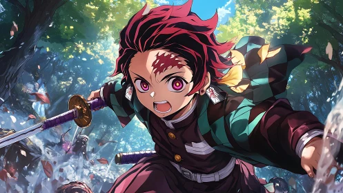 Young anime swordsman charges forward through a sunlit forest