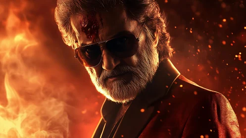 Older man in sunglasses stands amid drifting sparks and fire