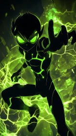Electric green hero leaps forward in a bold, glowing charge