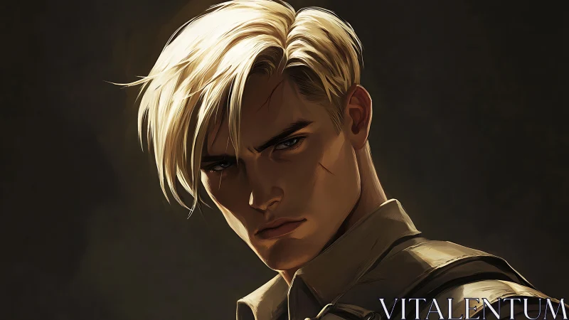 Blond male portrait with scar in dramatic side lighting.