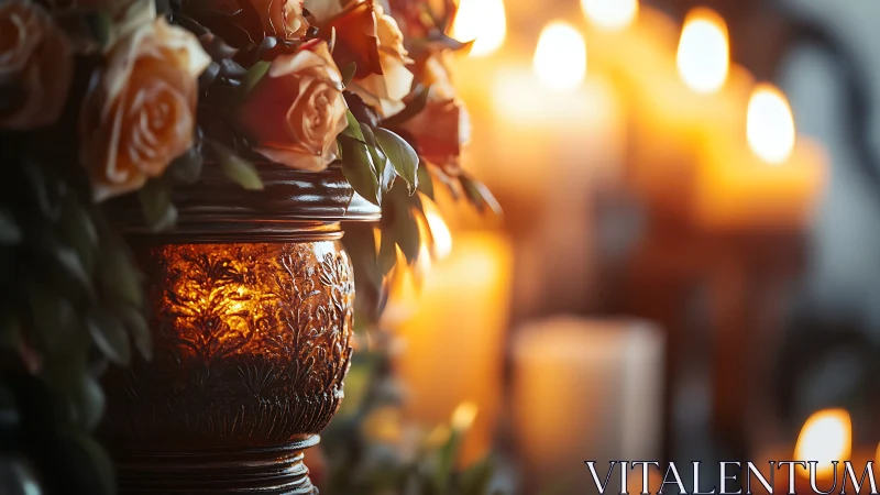 Candlelit roses glow beside ornate bronze floral lantern.