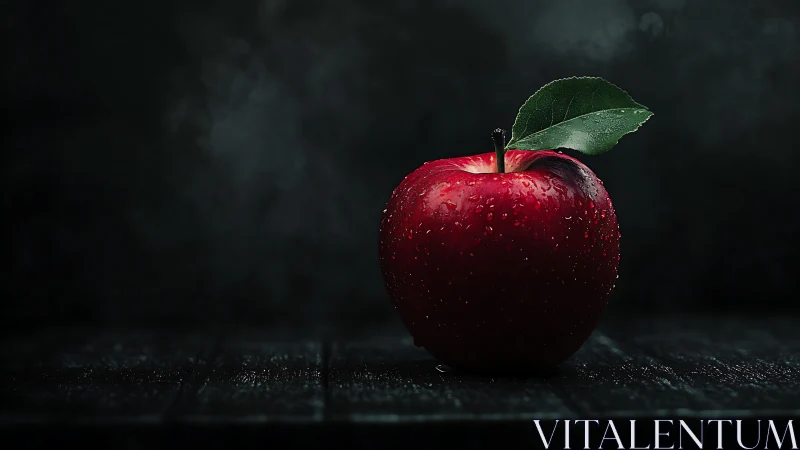Glossy red apple rests in dramatic dark studio light