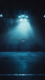 Lone hoop under arena lights in cinematic midnight silence.