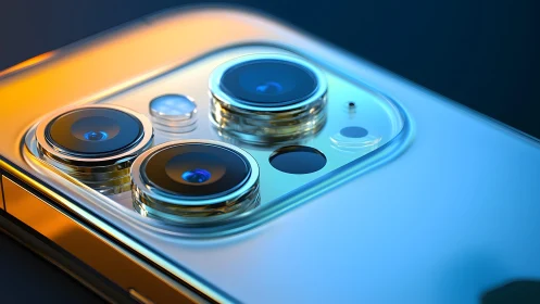 Close-up of Modern Smartphone Camera Lenses in Vibrant Lighting.