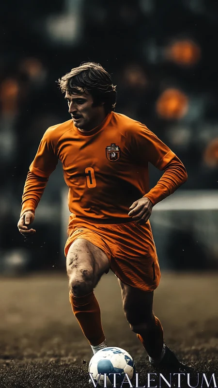 Soccer player in orange kit drives ball down wet pitch