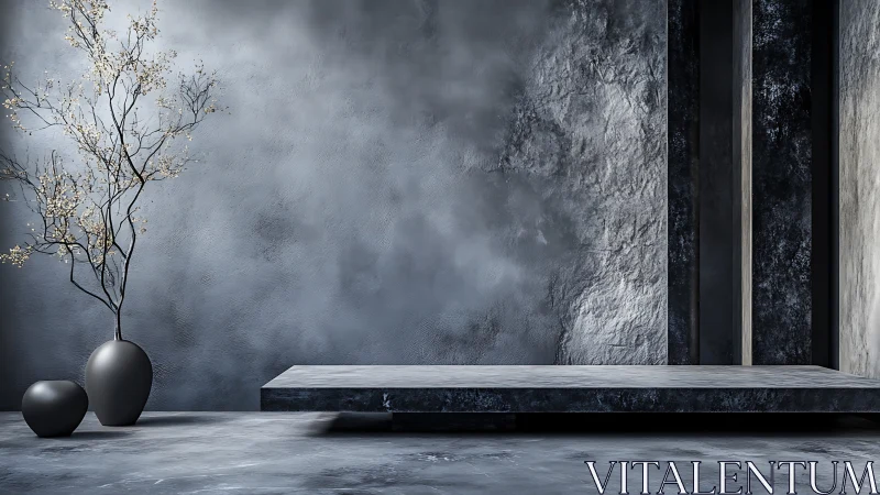 Minimalist stone podium with sculptural vases in muted light