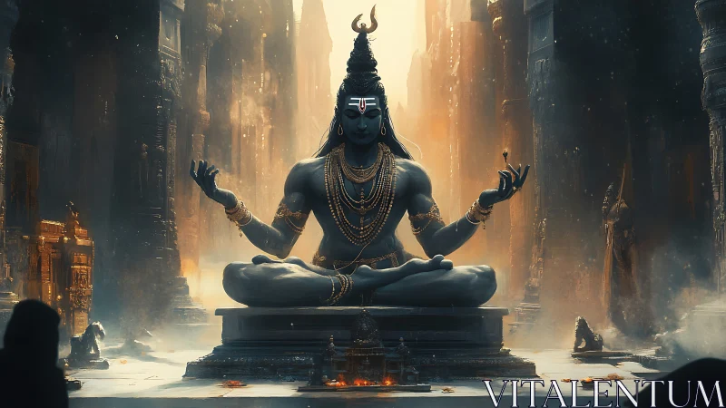 Large seated deity statue in symmetrical stone temple space.