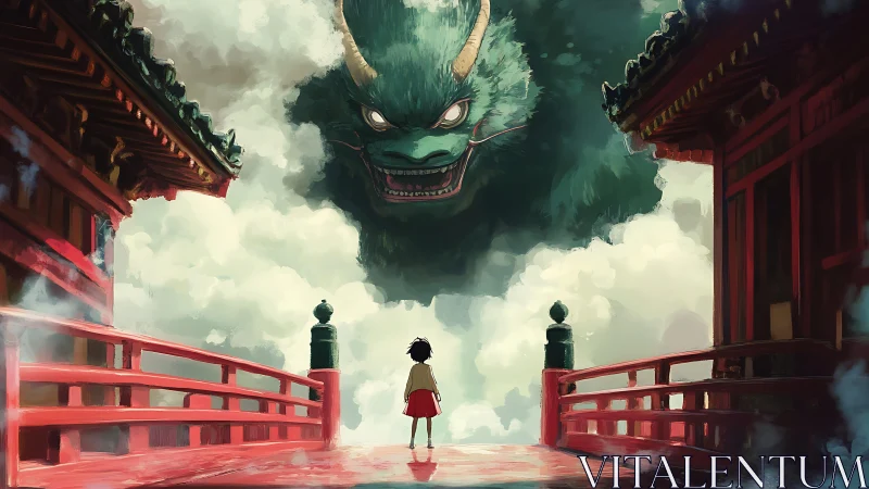 Child faces huge green dragon above cloudy red bridge