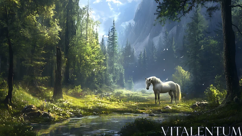 White horse stands in sunlit forest clearing beside stream