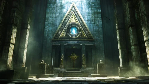 Ancient stone temple gateway with glowing triangular portal.