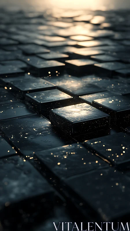 Reflective dark tiles with scattered light and water droplets.
