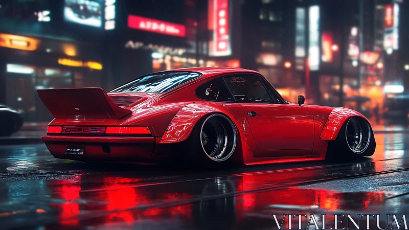 Red modified sports coupe on wet neon city street at night.