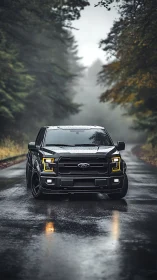 Black Ford pickup truck stands on wet forest road in fog
