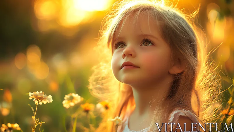 Young child gazes upward in golden hour sunlight field setting