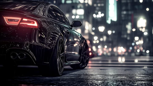 Midnight sports coupe in cinematic rainy city streets.