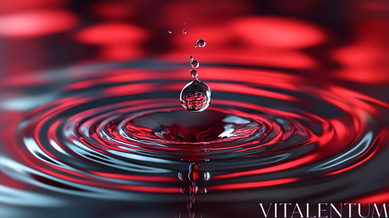 Water droplet creating ripples on reflective red surface