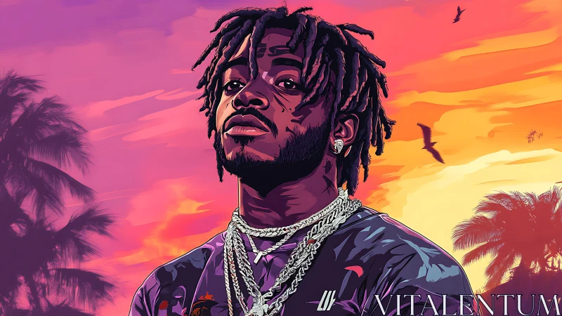 Vector portrait of rapper against neon gradient sunset sky background