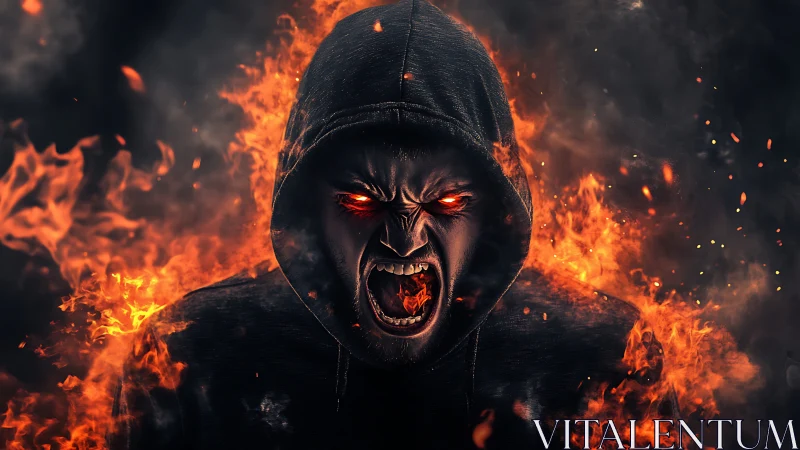 Hooded humanoid figure rendered in flames against dark backdrop