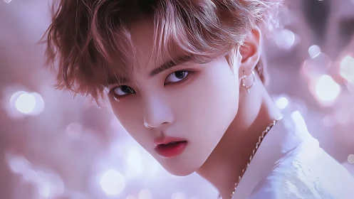 Soft pink anime portrait with intense direct gaze.