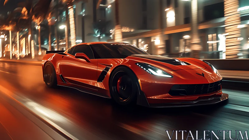 Red sports car races through neon-lit city streets at night.
