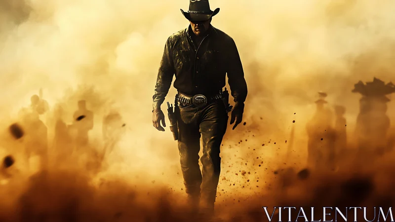 Lone cowboy walks through drifting dust toward camera.