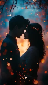 Two silhouetted figures face each other in warm bokeh light