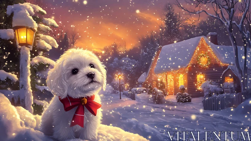 White puppy watches snowy cottage under warm dusk sky