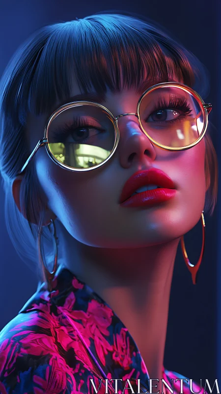 Digital portrait depicts woman in reflective glasses under neon light