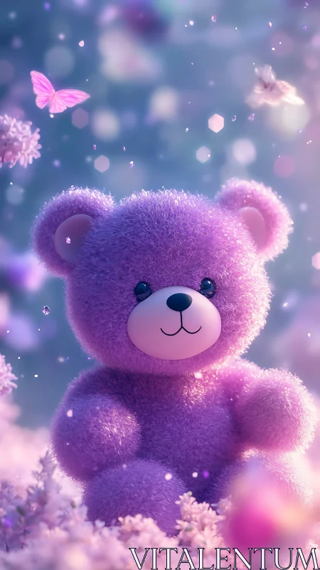 Lavender teddy bear sits in dreamy pastel fantasy garden.