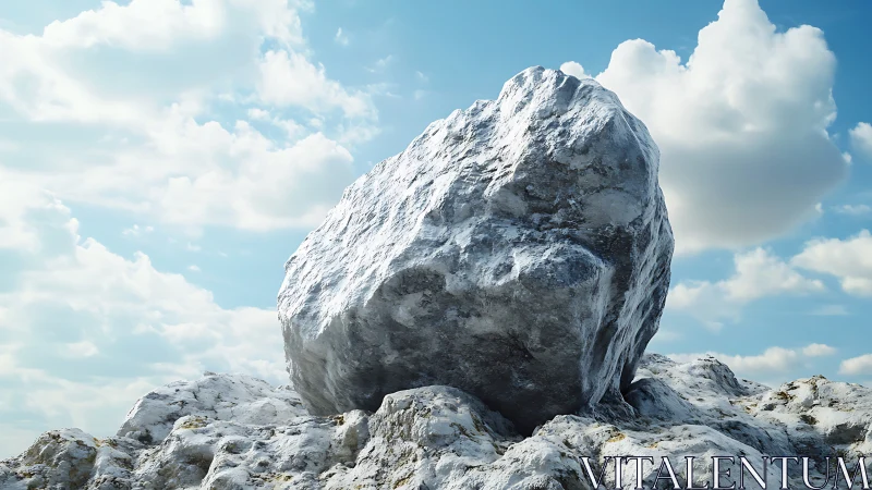 Sunlit boulder dominates a rocky landscape under bright sky.