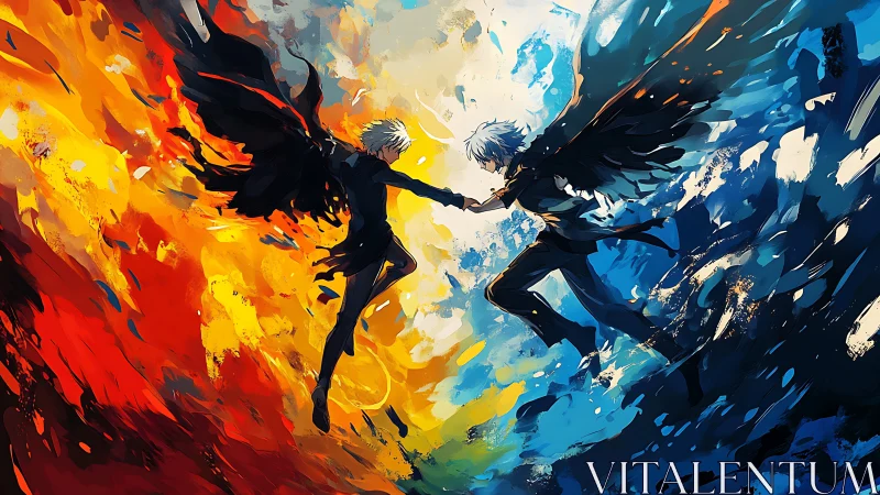 Dual winged figures over abstract fire and water field.