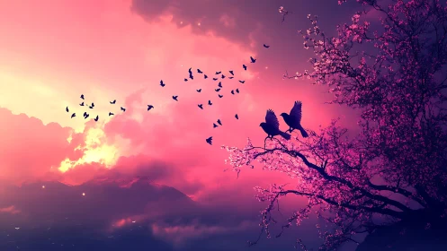 Chromatic dusk flight over blossom-laden silhouetted canopy.