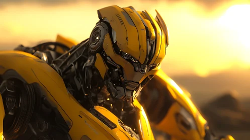 Golden sunset robot hero framed in gentle warm light.