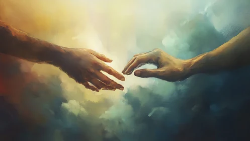 Reaching Hands Meet Gently In A Soft, Dreamy Sky Glow.