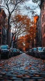 Autumn cobblestone streetscape in low-angle urban perspective.