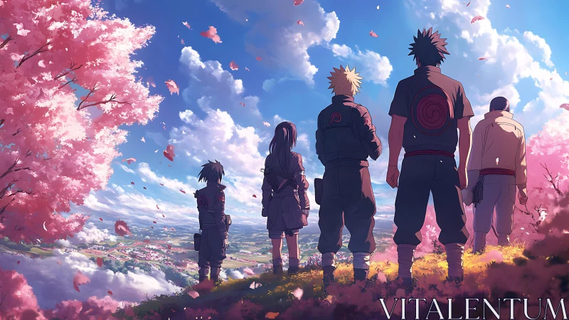 Five anime characters stand on hilltop under cherry blossoms