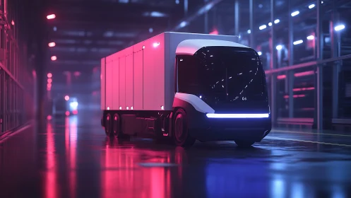 Futuristic electric truck glows in neon lit automated warehouse.