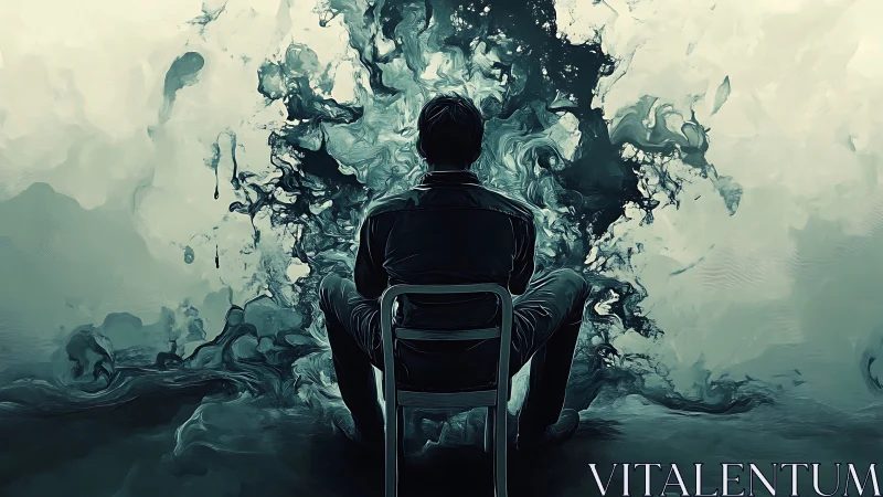 Solitary figure confronts swirling inner darkness in silence.