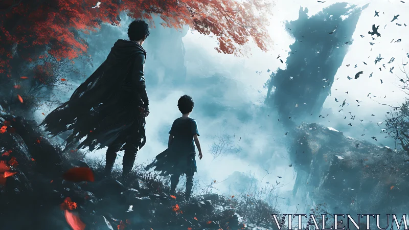 Storm of Ravens and Two Cloaked Wanderers at the Rift.