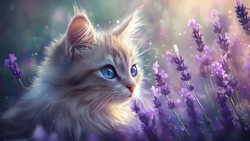 Luminescent white feline with blue iris among lavender botanical field.